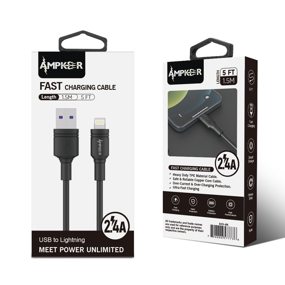 2.4A USB to Lightning Heavy Duty Cable 1.5M / 5FT - Black - fonemask.com