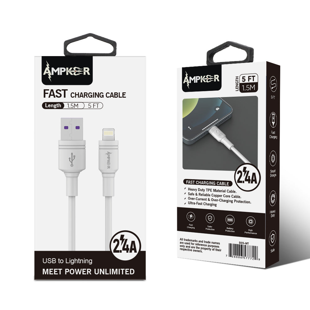 2.4A USB to Lightning Heavy Duty Cable 1.5M / 5FT - White - fonemask.com