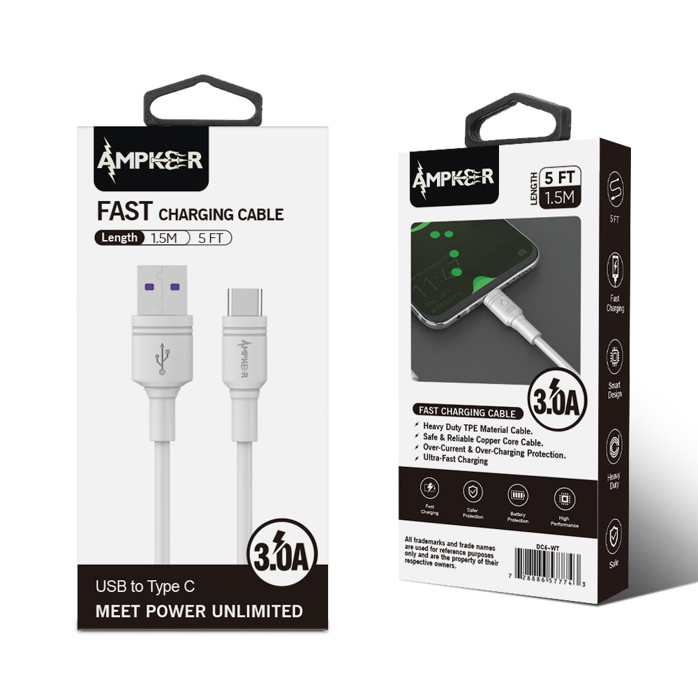 3A Fast Charging USB to Type C Heavy Duty Cable 1.5M / 5FT - White - fonemask.com