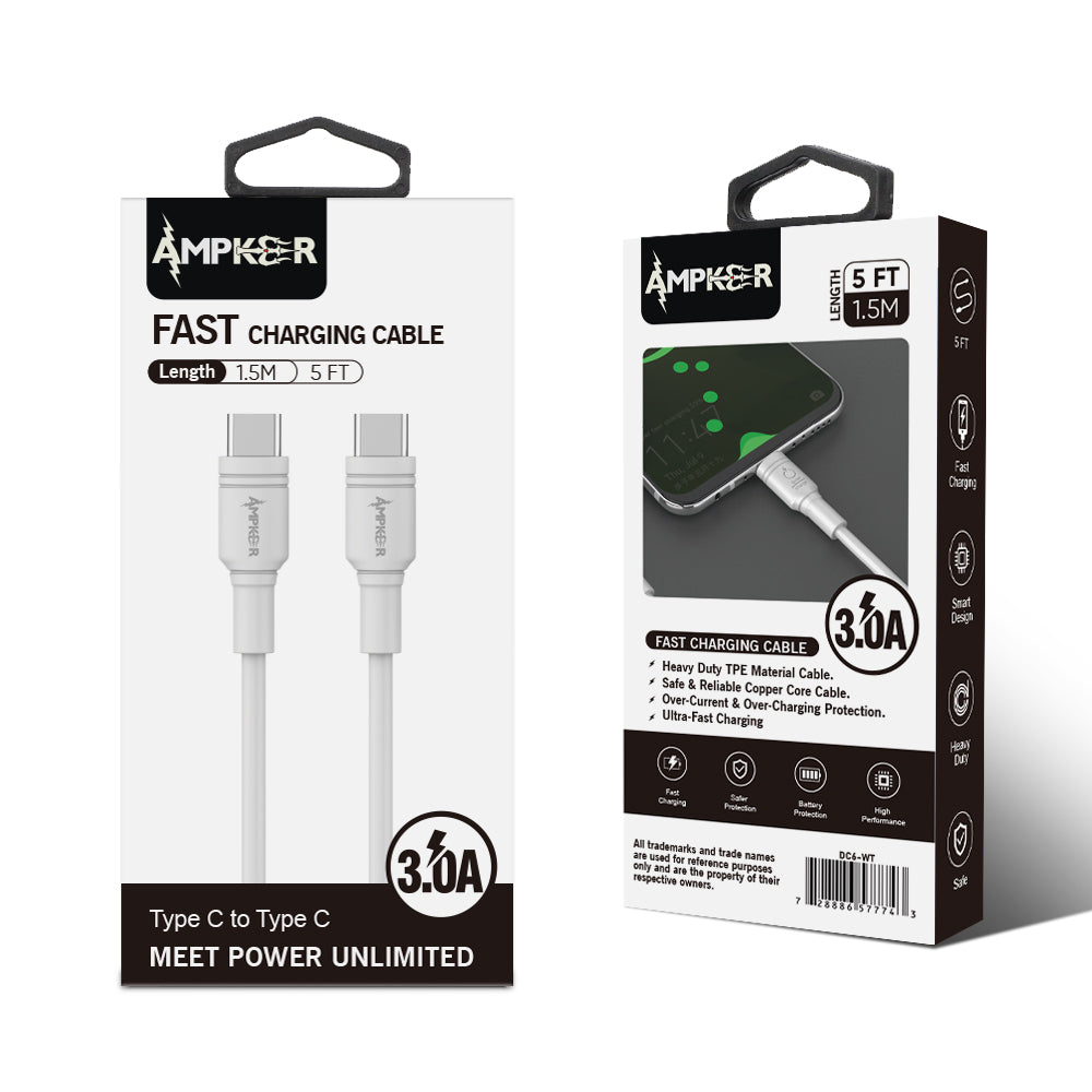 3A Fast Charging Type C to Type C Heavy Duty Cable 1.5M / 5FT - White - fonemask.com