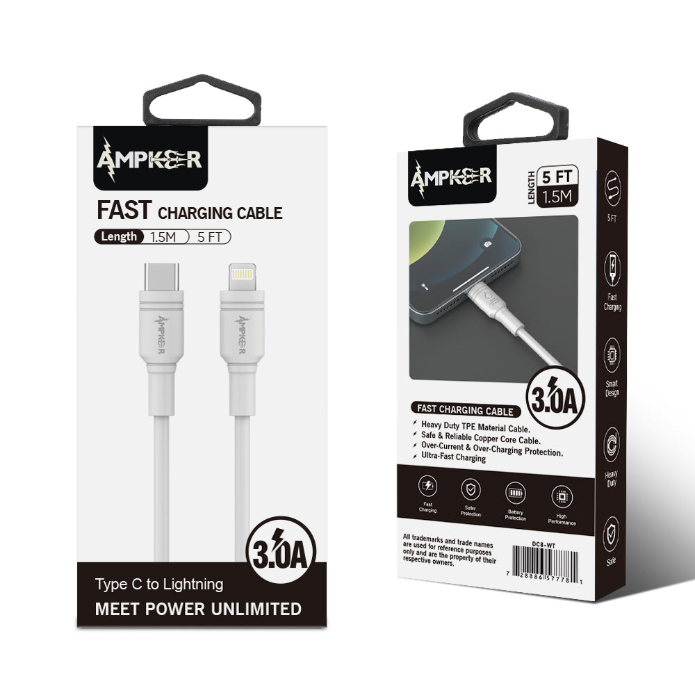 3A Fast Charging Type C to Lightning Heavy Duty Cable 1.5M / 5FT - White - fonemask.com