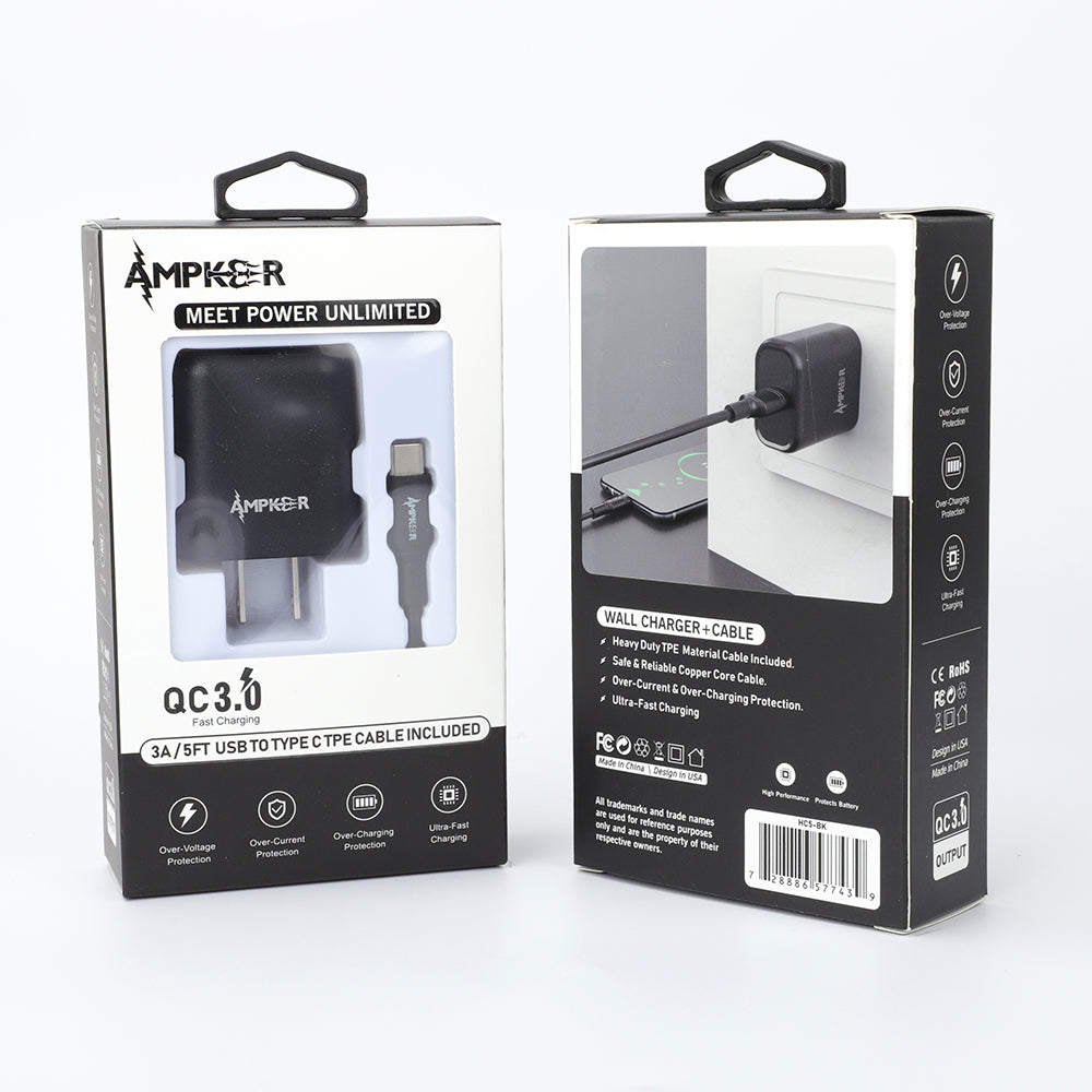 QC3.0 Wall Adapter + USB to Type C Cable 1.5M / 5FT - Black - fonemask.com