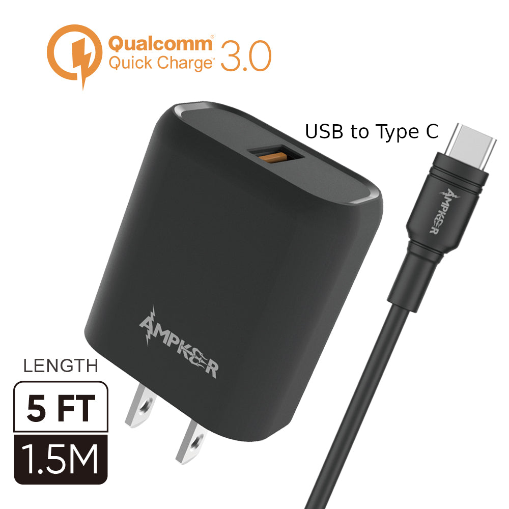 QC3.0 Wall Adapter + USB to Type C Cable 1.5M / 5FT - Black - fonemask.com