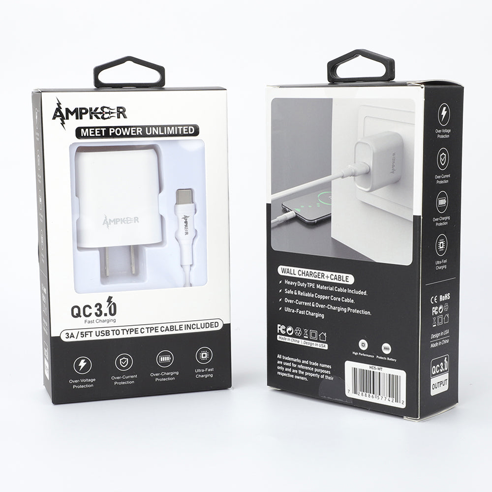 QC3.0 Wall Adapter + USB to Type C Cable 1.5M / 5FT - White - fonemask.com