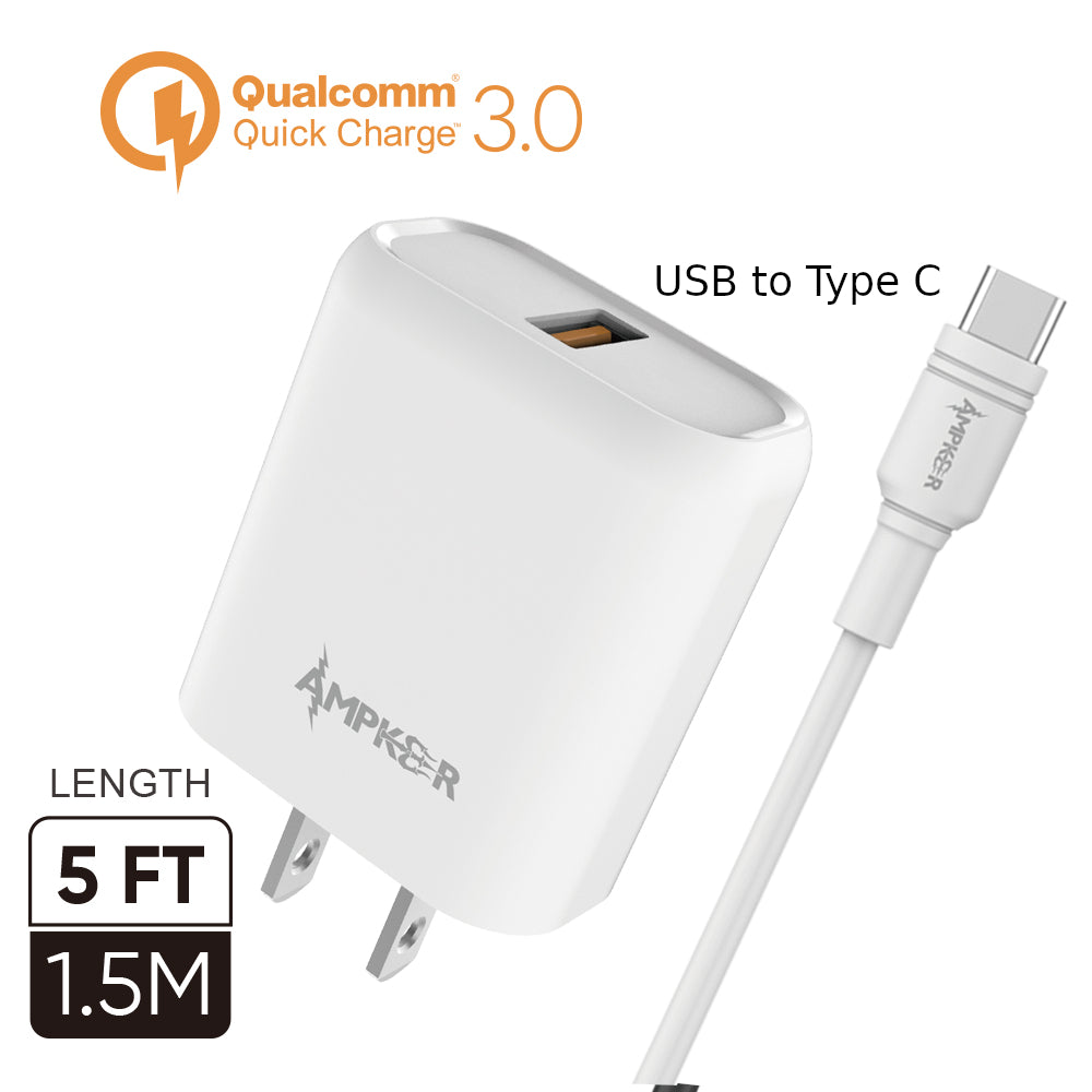 QC3.0 Wall Adapter + USB to Type C Cable 1.5M / 5FT - White - fonemask.com