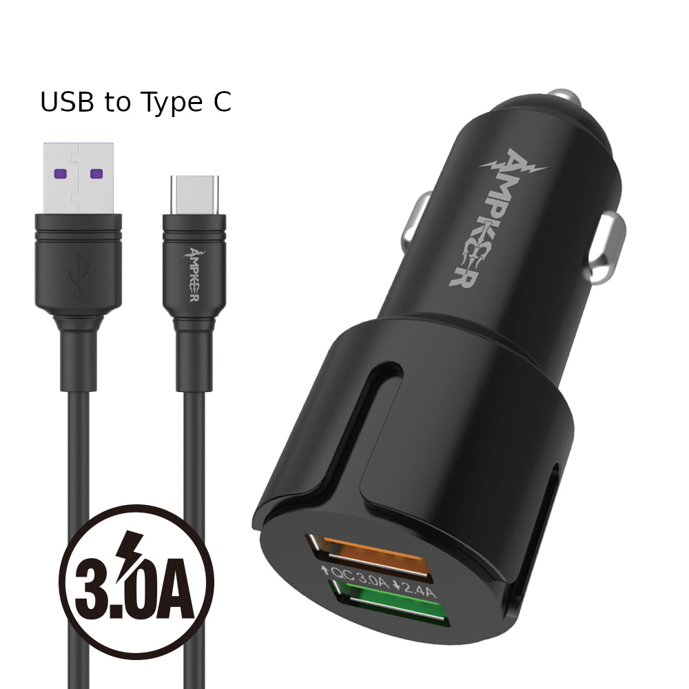 2.4A + QC3.0 Car Adapter Dual USB Ports + USB to Type C Cable 1.5M / 5FT - Black - fonemask.com