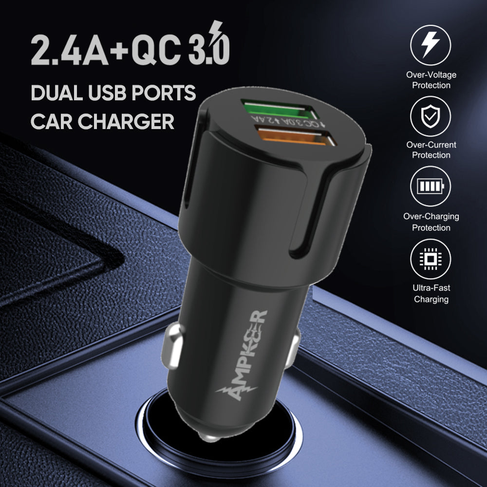 2.4A + QC3.0 Car Adapter Dual USB Ports + USB to Type C Cable 1.5M / 5FT - Black - fonemask.com