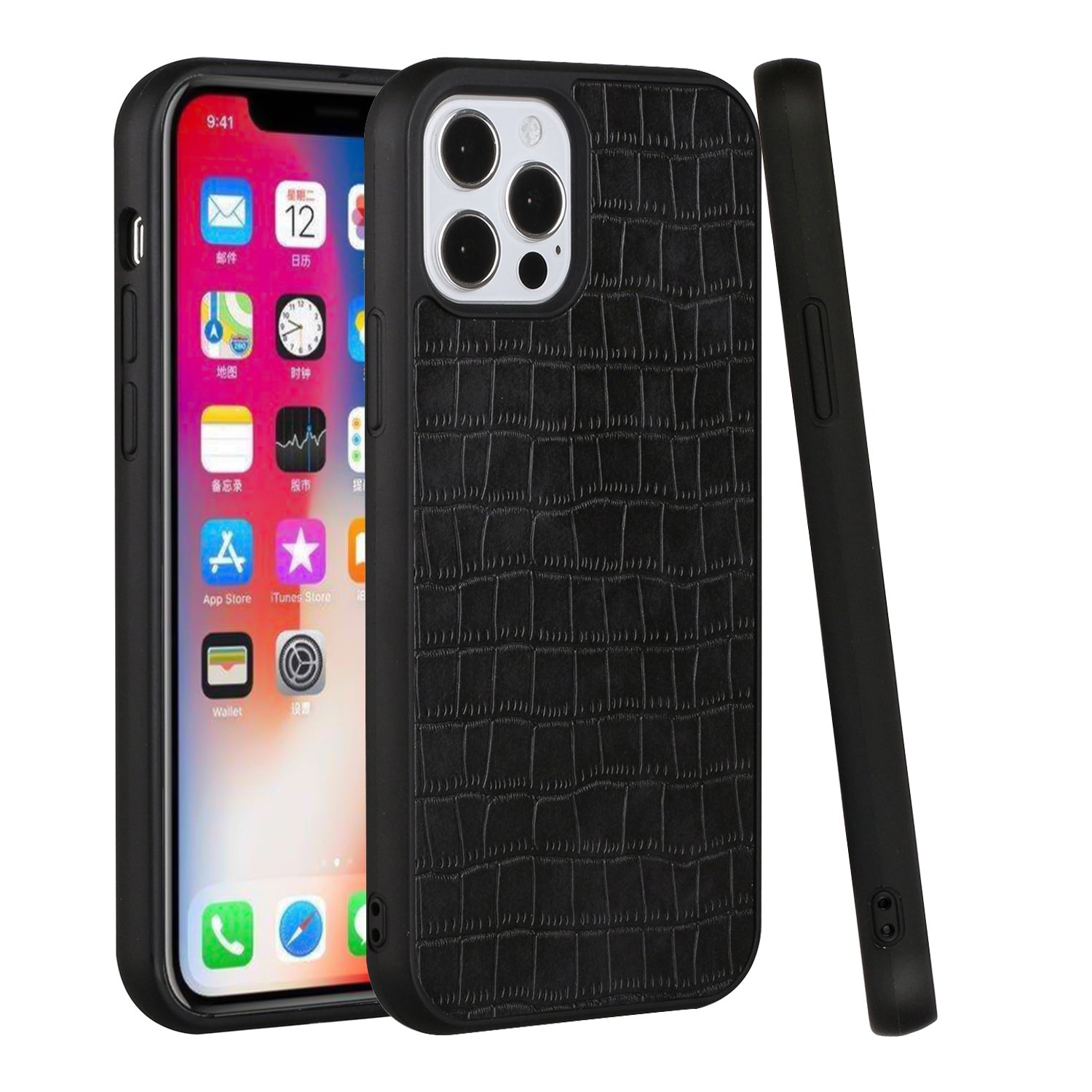iPhone 12 Pro Max - Croc Design Hybrid Case - Black - fonemask.com
