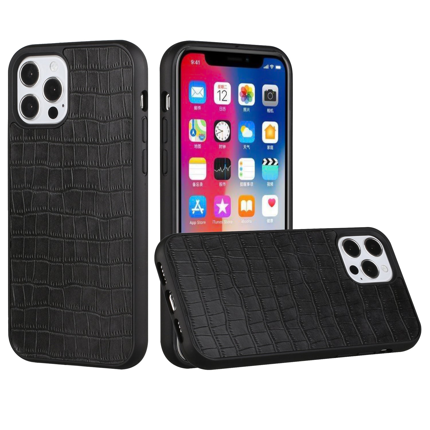 iPhone 12 Pro Max - Croc Design Hybrid Case - Black - fonemask.com