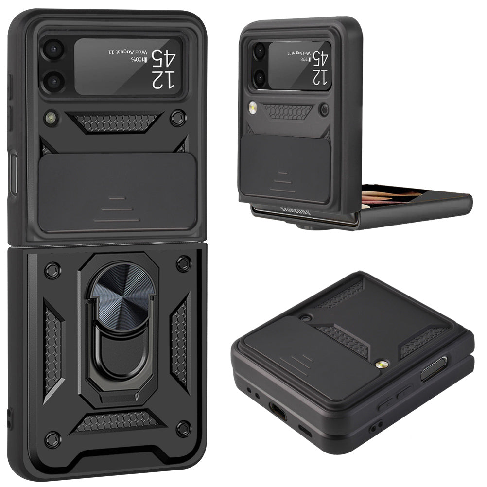 Galaxy Z Flip3 5G -Camera Push Magnetic Ring Kickstand Hybrid Phone Case - Black - fonemask.com