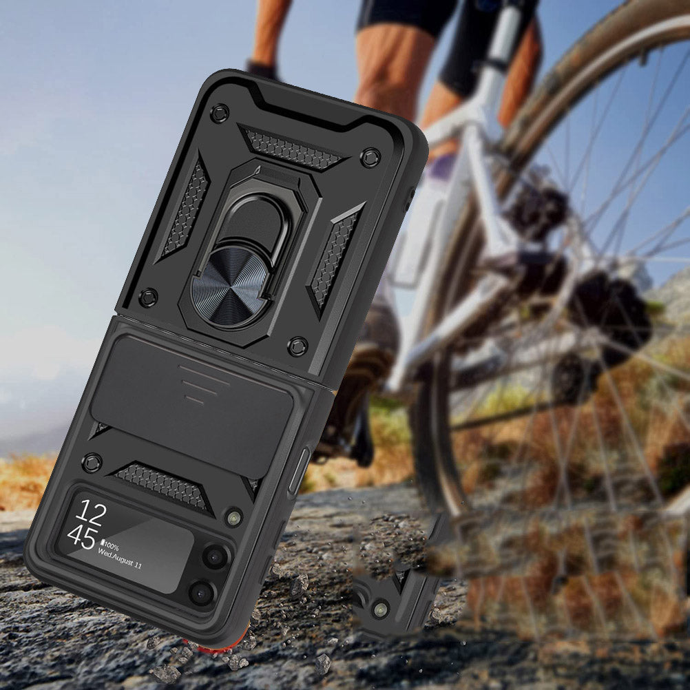 Galaxy Z Flip3 5G -Camera Push Magnetic Ring Kickstand Hybrid Phone Case - Black - fonemask.com