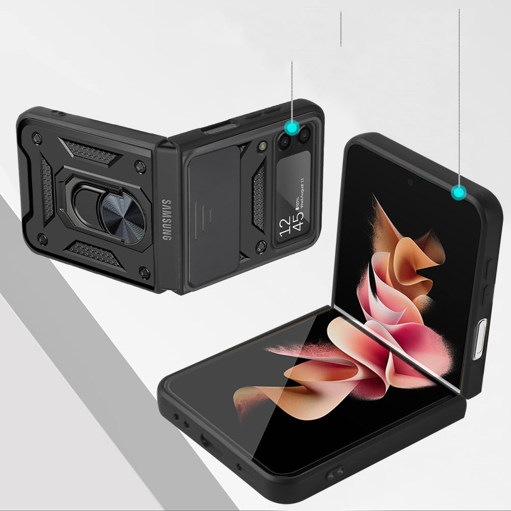 Galaxy Z Flip3 5G -Camera Push Magnetic Ring Kickstand Hybrid Phone Case - Black - fonemask.com