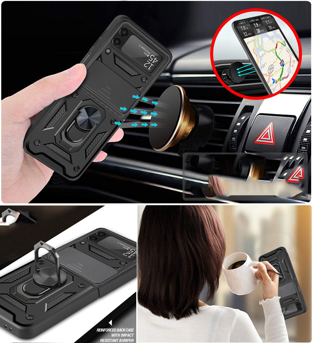 Galaxy Z Flip3 5G -Camera Push Magnetic Ring Kickstand Hybrid Phone Case - Black - fonemask.com