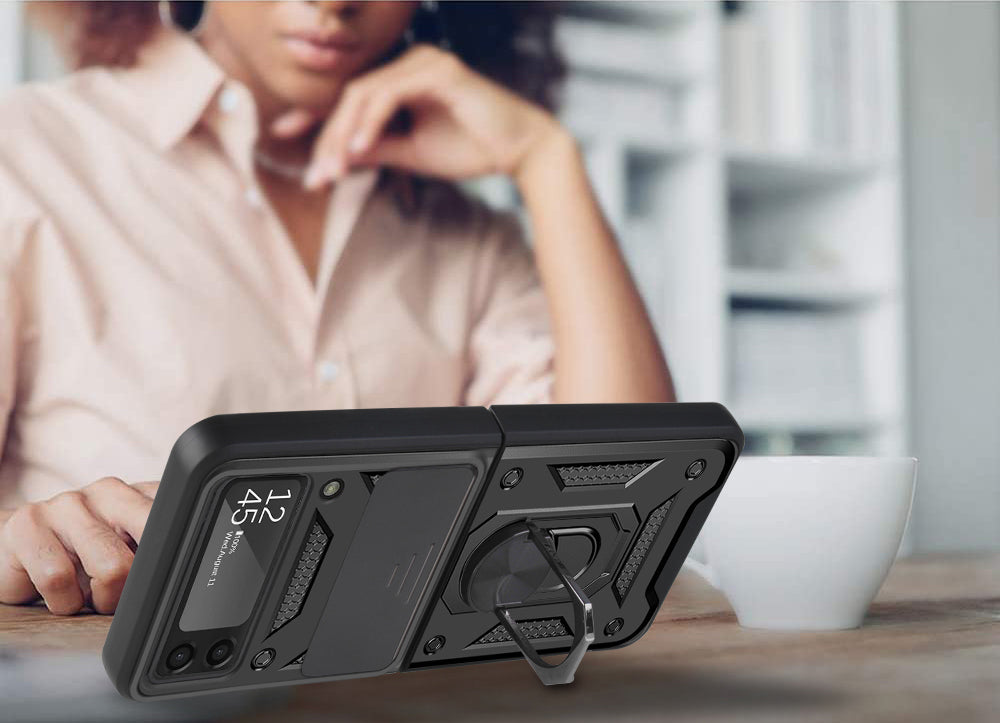 Galaxy Z Flip3 5G -Camera Push Magnetic Ring Kickstand Hybrid Phone Case - Black - fonemask.com