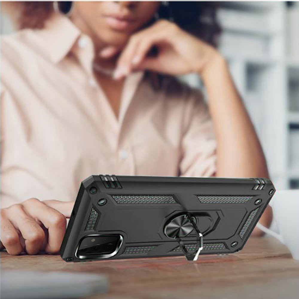 Galaxy A02S - Magnetic Ring Kickstand Hybrid Case - Black - fonemask.com