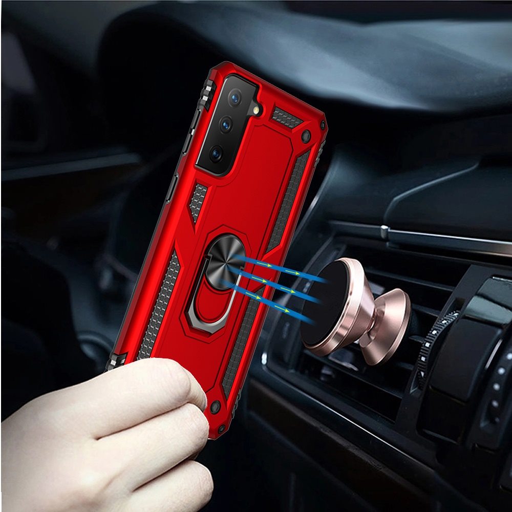 Galaxy S21 FE 5G - Magnetic Ring Kickstand Hybrid Phone Case - Red - fonemask.com