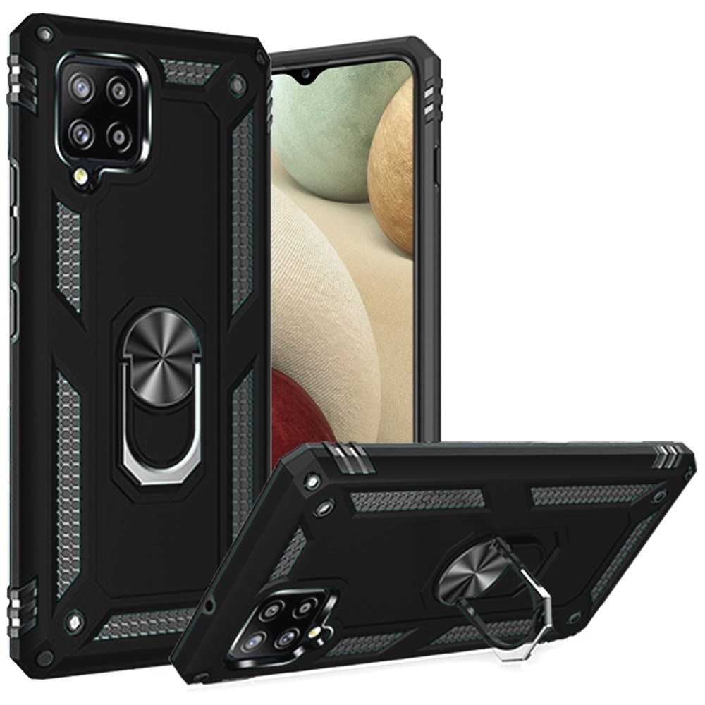 Galaxy A12 - Magnetic Ring Kickstand Hybrid Case - Black - fonemask.com