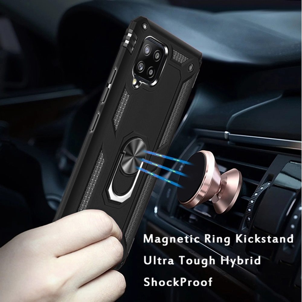 Galaxy A12 - Magnetic Ring Kickstand Hybrid Case - Black - fonemask.com