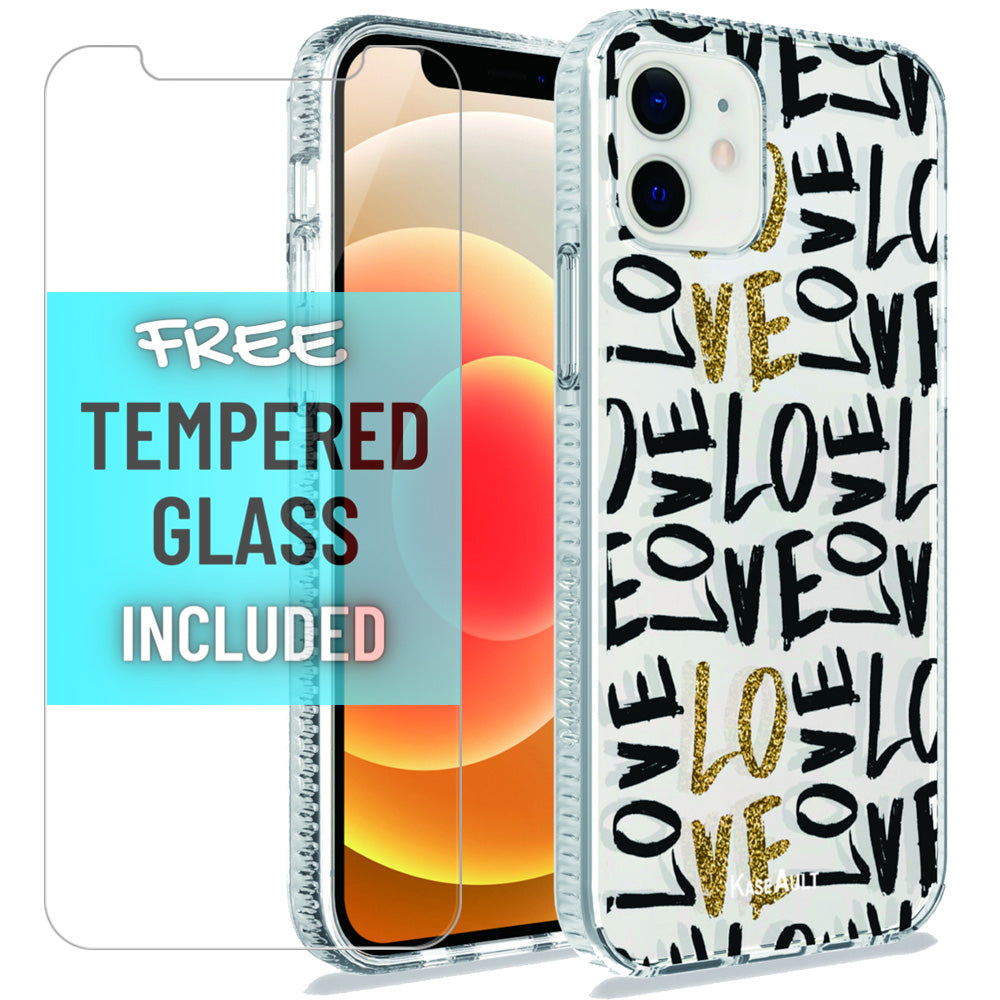 iPhone 12 / 12 Pro - Love In Gold Shock Proof Hybrid Case with free tempered glass screen protector - fonemask.com