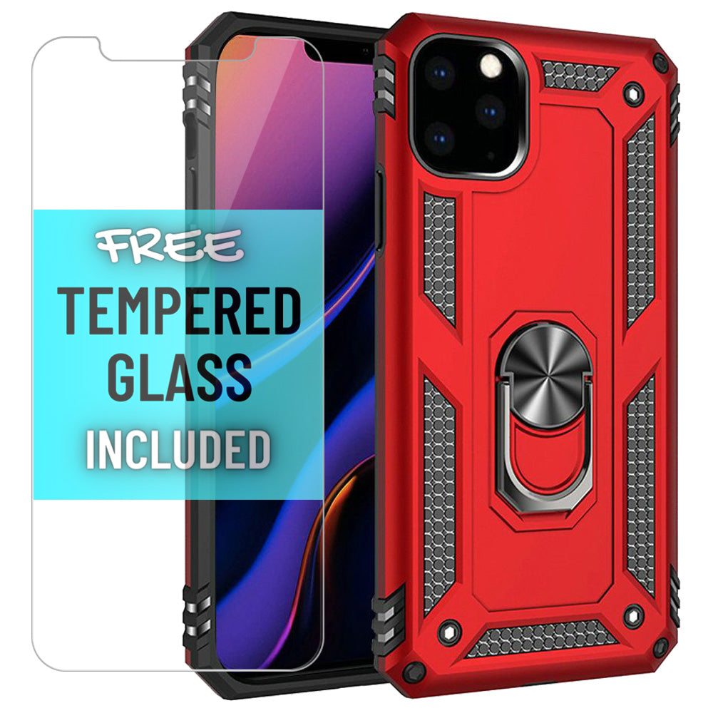 iPhone 12 / 12 Pro Magnetic Ring Kickstand Hybrid Case with free tempered glass screen protector - Red - fonemask.com