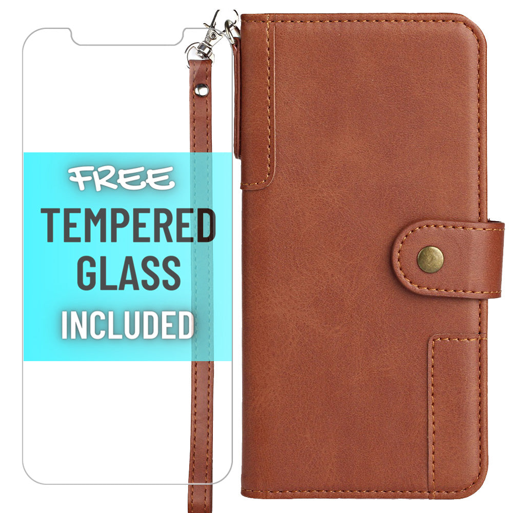 iPhone 12 Pro Max - Retro Wallet Case with free tempered glass screen protector- Brown - fonemask.com