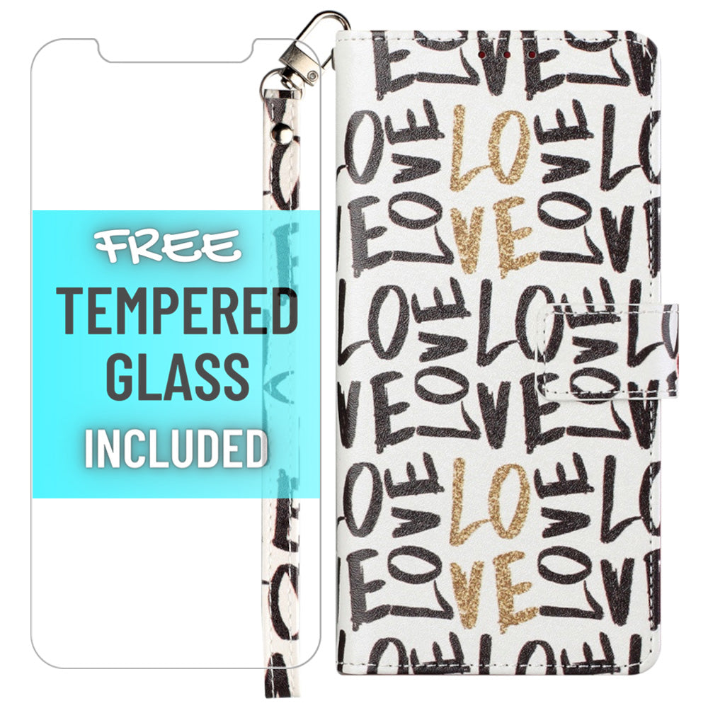 iPhone XR - Love In Gold Design Wallet Case with free tempered glass screen protector- fonemask.com