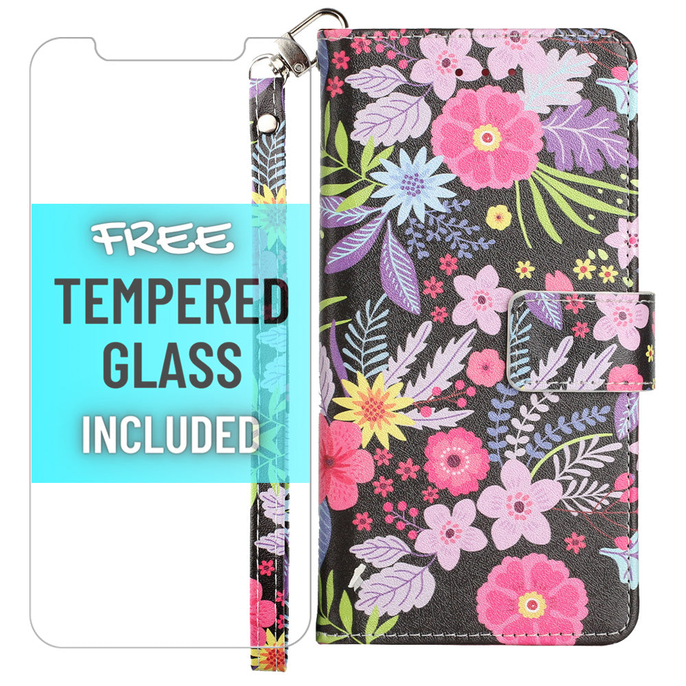 iPhone 12 Mini - Colorful Flowers Design Wallet Case with free tempered glass screen protector- fonemask.com