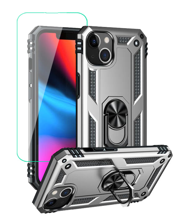 iPhone 14 Magnetic Ring Kickstand Hybrid Phone Case - Silver